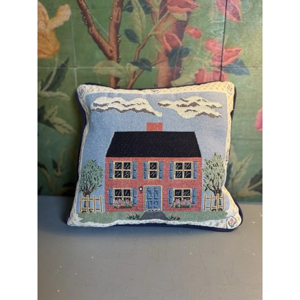 Vintage Needlepoint Colonial House Throw Pillow 12